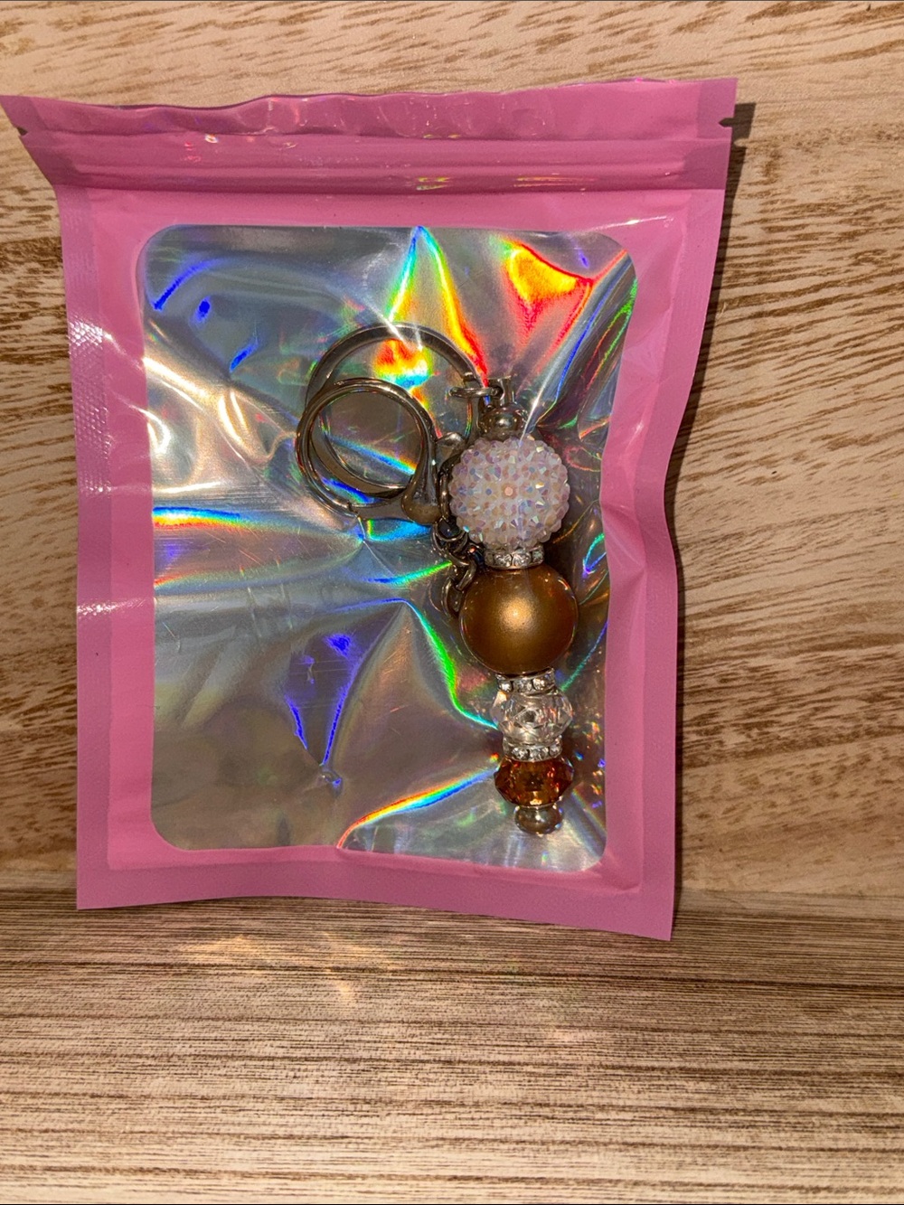 Beaded Key & Card Holder Charm — Pink and Gold Accent